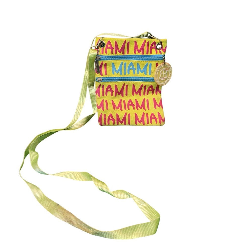 Robin‎ Ruth Miami Print Canvas Crossbody Bag Yellow 2 Zipper Pocket Travel Purse